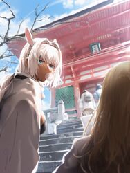  1boy animal_ears backpack bag blonde_hair blowing_bubbles blue_eyes blurry blurry_background caenis_(fate) chewing_gum dark-skinned_female dark_skin facing_viewer fate/grand_order fate_(series) female highres kirschtaria_wodime long_hair outdoors sabamori shrine stairs white_hair 