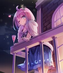  ahoge blush commentary_request crown_hair_ornament cup drinking_glass female hair_ornament highres himemori_luna himemori_luna_(sundress) hololive long_hair looking_at_viewer night night_sky official_alternate_costume one_eye_closed sky smile solo sue_(bg-bros) virtual_youtuber wine_glass 