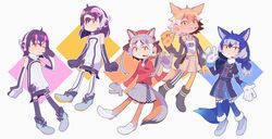  5girls absurdres african_penguin_(kemono_friends) animal_costume animal_ears black_eyes black_hair blue_hair coyote_(kemono_friends) dire_wolf_(kemono_friends) gloves hauru_252 highres humboldt_penguin_(kemono_friends) island_fox_(kemono_friends) kemono_friends kemono_friends_v_project long_hair looking_at_viewer microphone multicolored_hair multiple_girls necktie penguin_costume penguin_tail shirt simple_background skirt smile standing tail twintails virtual_youtuber white_background wolf_ears wolf_girl wolf_tail 