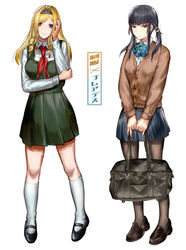  2girls alternate_costume alternate_hairstyle bag black_eyes black_footwear black_hair blonde_hair blue_bow blue_bowtie blue_eyes blue_skirt bow bowtie cardigan collared_shirt commentary_request dress expressionless green_dress hairband hand_on_own_elbow hand_on_own_face head_tilt holding holding_bag loafers long_hair looking_at_viewer low_twintails mary_janes multiple_girls narberal_gamma neckerchief overlord_(maruyama) pantyhose peter_pan_collar pinafore_dress pleated_dress pleated_skirt red_neckerchief ringlets school_bag school_uniform shirt shoes simple_background skirt sleeveless sleeveless_dress smile socks solution_epsilon standing translation_request tsugu0302 twintails white_background white_shirt white_socks 