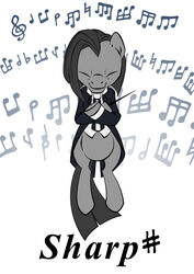  2012 black_hair closed_eyes clothed clothing conductor conductor_pony_(mlp) digital_media_(artwork) english_text equid equine fur grey_body grey_fur hair hasbro horse mammal music musical_note my_little_pony necktie pony simple_background smile solo suit text white_background zillford 