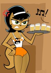  2022 alcohol anthro beer beverage black_hair bottomwear brand_parody breasts cleavage clothed clothing cross-popping_vein digital_media_(artwork) dolphin_shorts domestic_cat felid feline felis female fur hair hi_res hooters hooters_uniform illerthanyours kitty_katswell mammal nickelodeon shorts solo standing t.u.f.f._puppy tan_body tan_fur wolf_whistle 