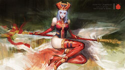  boots daible elbow_gloves female gloves gold_trim hat highres human_(warcraft) leotard medium_hair red_eyes red_thighhighs sally_whitemane solo staff thighhighs thighs warcraft white_hair world_of_warcraft 