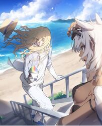  1boy animal_ears beach bishounen blonde_hair blue_sky body_markings breasts caenis_(fate) cleavage dark-skinned_female dark_skin day eyewear_on_head fate/grand_order fate_(series) female food gloves hat highres kirschtaria_wodime long_hair ocean outdoors sabamori shaved_ice sky stairs straw_hat sunglasses white_gloves white_hair wind 