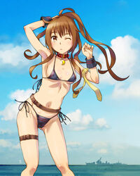  adapted_costume animal_collar armband belt bikini black_bikini blue_sky breasts brown_eyes brown_hair cloud collar commentary_request covered_nipples cowboy_shot crescent day destroyer female fumizuki_(destroyer) fumizuki_(kancolle) fumizuki_kai_ni_(kancolle) historical_name_connection horizon kantai_collection leaning_forward long_hair looking_at_viewer military military_vehicle name_connection object_namesake ocean one_eye_closed outdoors ponytail sameha_ikuya ship side-tie_bikini_bottom silhouette sky small_breasts solo standing swimsuit vehicle_and_personification warship watercraft wrist_cuffs 