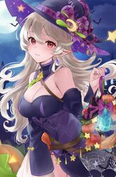  bare_shoulders black_dress black_hat black_sleeves breasts cleavage closed_mouth cloud corrin_(female)_(fire_emblem) corrin_(female)_(halloween)_(fire_emblem) corrin_(fire_emblem) detached_collar detached_sleeves dress earrings female fingernails fire_emblem fire_emblem_fates fire_emblem_heroes grey_hair hair_between_eyes halloween_costume haru_(nakajou-28) hat highres jack-o&#039;-lantern jewelry long_hair looking_at_viewer medium_breasts moon night night_sky official_alternate_costume outdoors pointy_ears purple_nails red_eyes sky smile solo star_(sky) wavy_hair witch witch_hat 