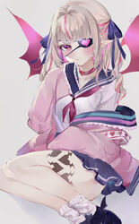  absurdres bat_wings blue_ribbon blue_sailor_collar blue_skirt blush eyepatch female grey_background grey_hair hair_ribbon hand_up heart heart_eyepatch highres jacket looking_at_viewer makaino_ririmu makaino_ririmu_(4th_costume) mile_(off8mile) miniskirt multicolored_hair neckerchief nijisanji one_eye_covered parted_lips pink_jacket red_neckerchief ribbon sailor_collar school_uniform serafuku shirt shoes simple_background skirt sleeves_past_fingers sleeves_past_wrists socks solo streaked_hair twintails virtual_youtuber white_shirt white_socks wings 