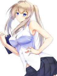  alternate_costume bare_arms blonde_hair blouse blue_eyes blush breasts clip_studio_paint_(medium) female graf_zeppelin_(kancolle) graphite_(medium) grey_skirt hair_intakes highres kantai_collection large_breasts long_hair looking_at_viewer shirt sidelocks simple_background skirt sleeveless smile solo traditional_media utsumi_karmin white_background white_shirt 