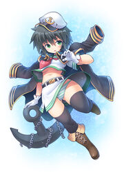  anchor anchor_print anchor_symbol black_coat black_hair black_thighhighs breasts brown_footwear chains coat commentary_request cross-laced_footwear female full_body gloves green_eyes green_panties hat highres kurogarasu looking_at_viewer medium_breasts murasa_minamitsu navel necktie open_mouth panties pantyshot peaked_cap red_necktie sailor_hat short_hair short_sleeves skirt solo striped_clothes striped_panties sunken_fossil_world thighhighs touhou underboob underwear white_gloves white_hat white_panties white_skirt 