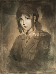  art_of_neight artist_name artstation_logo bags_under_eyes bolo_tie brown_theme closed_mouth collared_shirt commentary deviantart_logo emblem english_commentary facebook_logo female highres instagram_logo jacket lips logo looking_at_viewer low_ponytail monochrome paradis_military_uniform patreon_logo pieck_finger ponytail sepia shingeki_no_kyojin shirt solo survey_corps_(emblem) tiktok_logo twitch_logo twitter_logo upper_body 