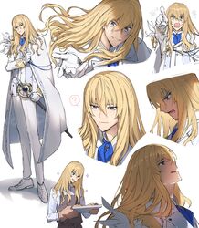  1boy ? bishounen blonde_hair cape expressions fate/grand_order fate_(series) formal gloves highres kirschtaria_wodime long_hair male_focus multiple_views oven_mitts pointing sabamori scabbard sheath sheathed spoken_question_mark suit sword weapon white_background white_gloves white_suit 