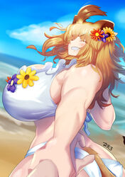  alternate_breast_size animal_ears ass beach bikini blonde_hair blurry blurry_background breasts brown_hair closed_eyes commentary_request curvy day dutch_angle eyes_visible_through_hair facing_viewer female floating_hair flower flower_bikini foreshortening frilled_bikini frills from_side gigantic_breasts grin hair_flower hair_ornament highres holding_another&#039;s_wrist impossible_clothes impossible_swimsuit kemono_friends lion_(kemono_friends) lion_ears lion_girl lion_tail long_hair multicolored_hair naochi_(bobi8081) ocean official_alternate_costume outdoors outstretched_arm parted_bangs partial_commentary pov pov_hands pulling sand smile solo_focus swimsuit tail twisted_torso two-tone_hair upper_body v-shaped_eyebrows water white_bikini 