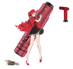  absurdres adapted_weapon black_dress blonde_hair blowtorch blue_eyes braid cape dress female full_body high_heels highres hood hood_up hooded_cape hoodie huge_weapon little_red_riding_hood little_red_riding_hood_(grimm) long_legs medium_hair nauj_k personification red_cape red_footwear red_hoodie reference_inset short_dress solo stiletto_heels twin_braids weapon weapon_on_back 