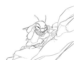  2022 alien antennae_(anatomy) back_spines barry_allan_(dc) black_and_white chest_tuft claws dc_comics disney duo experiment_(lilo_and_stitch) fur head_tuft human lilo_and_stitch male mammal monochrome narrowed_eyes notched_ear rock simple_background stitch_(lilo_and_stitch) the_flash the_flash_(series) think_mark_think! tuft unknown_artist white_background 