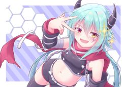  :d anna_(princess_connect!) aqua_hair arm_up bandaged_arm bandages bare_shoulders belt black_horns black_shirt black_shorts black_sleeves black_thighhighs blush breasts chains chuunibyou commentary_request cowboy_shot crop_top detached_sleeves dutch_angle facial_mark female groin hair_between_eyes heterochromia highres horns long_hair looking_at_viewer midriff navel open_mouth princess_connect! red_eyes red_scarf saisyuusensi scarf shirt short_shorts shorts sidelocks single_thighhigh skindentation sleeveless sleeveless_shirt small_breasts smile solo sparkle standing thigh_gap thighhighs v_over_eye white_belt yellow_eyes 