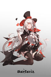  +_+ ;d absurdres alternate_costume arknights ascot belt black_hat black_skirt black_thighhighs bow character_name elf female flower full_body garter_straps gloves gradient_background grey_background hat hat_flower heart highres kneeling krao lace-trimmed_thighhighs long_hair long_sleeves looking_at_viewer one_eye_closed open_mouth pointy_ears red_bow red_eyes red_flower red_rose rose see-through shirt skirt smile solo thighhighs top_hat torn_clothes torn_thighhighs very_long_hair warfarin_(arknights) white_ascot white_gloves white_hair white_shirt zettai_ryouiki 