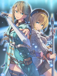  2girls agnes_claudel blonde_hair blue_eyes brown_hair chiharu_(9654784) eiyuu_densetsu elaine_auclair fingerless_gloves gloves hat highres holding holding_staff holding_sword holding_weapon jacket kuro_no_kiseki light_particles long_hair looking_at_viewer multiple_girls pointing_sword pointing_weapon pouch smile staff sword thighhighs weapon 