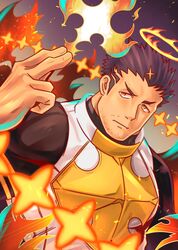  1boy bara beard black_bodysuit black_hair bodysuit commentary ex65679708 facial_hair fire flaming_halo halo hand_up highres male_focus mature_male muscular muscular_male sideburns simple_background skin_tight solo star_(symbol) stubble tokyo_afterschool_summoners upper_body yellow_eyes zabaniyya_(housamo) 