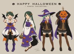  4girls alternate_costume ascot black_thighhighs blazer brown_jacket brown_legwear brown_skirt cloak dress frilled_skirt frills green_eyes green_hair gundam gundam_hathaway&#039;s_flash hair_ornament hairclip halloween halloween_costume hat jack-o&#039;-lantern jacket kantai_collection kumano_(kancolle) kumano_kai_ni_(kancolle) long_hair meme mikuma_(kancolle) mogami_(kancolle) multiple_girls nao_(nao_eg) pleated_skirt pumpkin_dance_(meme) purple_cloak purple_headwear school_uniform short_hair skirt suzuya_(kancolle) suzuya_kai_ni_(kancolle) swept_bangs thighhighs witch_hat 