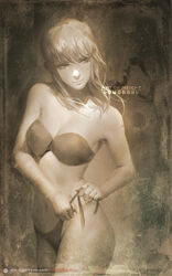  art_of_neight artist_name artstation_logo bikini blunt_bangs breasts brown_theme chainsaw_man cleavage closed_mouth commentary cowboy_shot deviantart_logo english_commentary facebook_logo female floating_hair highres instagram_logo logo long_hair looking_away looking_to_the_side makima_(chainsaw_man) monochrome navel patreon_logo sepia side-tie_bikini_bottom smile solo strapless strapless_bikini swimsuit tiktok_logo twitch_logo twitter_logo tying web_address 