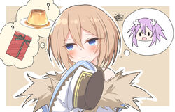  :d bare_shoulders blanc_(neptunia) blue_eyes blush box brown_hair choujigen_game_neptune coat commentary concentrating d-pad d-pad_hair_ornament facing_viewer female food fur-trimmed_coat fur_trim gift gift_box hair_between_eyes hair_ornament hand_on_own_chin hand_up implied_yuri looking_afar medium_hair neptune_(neptunia) neptune_(series) off-shoulder_coat off_shoulder open_mouth pudding purple_hair ray_726 smile solo squiggle thinking thought_bubble upper_body valentine very_long_sleeves wide_sleeves 