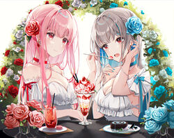  2girls amagu_/_leinkoteu aqua_bow aqua_flower aqua_hair aqua_nails bare_shoulders blush bow breasts choker colored_inner_hair commentary cup drinking_glass earrings eating flower food grey_hair hair_flower hair_ornament hand_in_own_hair highres ice_cream jewelry large_breasts long_hair multicolored_hair multiple_girls nail_polish open_mouth original pink_hair red_bow red_eyes red_nails rose smile spoon symbol-only_commentary two-tone_hair white_background 