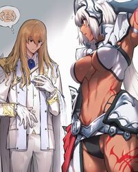  1boy arm_behind_head armpits bishounen blonde_hair body_markings breasts caenis_(fate) dark-skinned_female dark_skin fate/grand_order fate_(series) female formal gloves groin headgear highres kirschtaria_wodime long_hair muscle_envy muscular muscular_female navel sabamori suit thought_bubble underboob white_gloves white_hair white_suit 