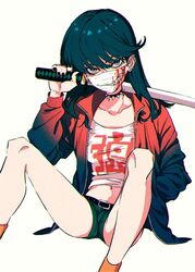  black_choker black_eyes black_hair black_jacket black_nails blood blood_on_face choker collarbone commentary_request ear_piercing earrings female gradient_jacket hand_in_pocket holding holding_sword holding_weapon jacket jewelry katana kuchisake-onna looking_at_viewer mask medium_hair mouth_mask multicolored_clothes multicolored_jacket multiple_piercings nail_polish open_clothes open_jacket original piercing red_jacket sharp_teeth short_shorts shorts simple_background sitting solo spiked_choker spikes spread_legs sword tank_top teeth thighs two-tone_jacket urkt_10 weapon white_background 