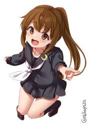  black_sailor_collar black_serafuku black_shirt black_skirt blush brown_eyes brown_footwear brown_hair collarbone commentary_request crescent crescent_pin ebifurya female full_body fumizuki_(kancolle) hair_between_eyes hairband highres kantai_collection kneehighs long_hair long_sleeves looking_at_viewer neckerchief necktie open_mouth ponytail sailor_collar school_uniform serafuku shirt short_hair simple_background skirt smile socks solo twitter_username white_background white_necktie 