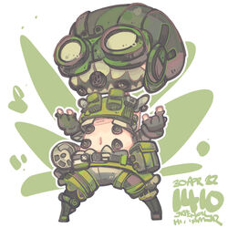  1boy \m/ apex_legends artist_name black_gloves black_headwear chibi cropped_vest dated double_\m/ fingerless_gloves gloves goggles green_vest grey_shorts jrpencil male_focus mask mechanical_legs mouth_mask navel octane_(apex_legends) shorts solo vest 