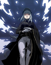  absurdres aura belt black_belt black_cloak black_jacket cloak closed_eyes facing_viewer female floating_hair gloves gogalking grey_gloves grey_hair grey_pants hat highres jacket long_hair meditation ofelia_(gogalking) original pants parted_lips ponytail solo standing very_long_hair 