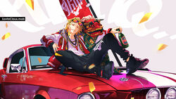  1boy bandaid banner beads beer_bottle black_gloves black_pants black_shorts blonde_hair bottle car commentary_request earrings eyewear_on_head flower_tattoo ford ford_mustang ford_mustang_(1st_generation) gloves half_gloves highres holding jacket jewelry komainu looking_at_viewer male_focus monq motor_vehicle muscle_car necklace on_vehicle original pants prayer_beads red_eyes scarf shoes shorts sitting sitting_against_vehicle sitting_on_car sneakers sunglasses tattoo 