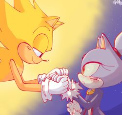  anthro blaze_the_cat blush clothing domestic_cat duo eulipotyphlan felid feline felis female gloves handwear hedgehog hi_res love male male/female mammal narrowed_eyes night sega simple_background sonic_the_hedgehog sonic_the_hedgehog_(series) spidercheetos super_sonic 