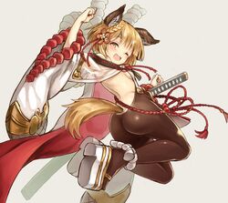  animal_ears ass back bare_shoulders blonde_hair blush braid breasts brown_pantyhose dog_ears dog_girl dog_tail erune female fuyu_no_kareha granblue_fantasy katana legs long_sleeves looking_at_viewer looking_back one_eye_closed open_mouth pantyhose platform_footwear rope sash short_hair side_braid sideboob single_braid small_breasts smile solo sword tail vajra_(granblue_fantasy) weapon wide_sleeves yellow_eyes 