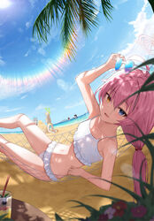  4girls :d animal_ear_fluff animal_ears armpits ayane_(blue_archive) ayane_(swimsuit)_(blue_archive) beach bikini black_bikini black_hair blue_archive blue_sky cat_ears cat_girl cloud cloudy_sky collarbone commentary dawon frilled_bikini frills glasses grey_hair hair_between_eyes hair_bobbles hair_ornament halo hammock heterochromia highres holding holding_removed_eyewear horizon hoshino_(blue_archive) hoshino_(swimsuit)_(blue_archive) in_water kneeling long_hair looking_at_viewer low_twintails lying multiple_girls navel nonomi_(blue_archive) nonomi_(swimsuit)_(blue_archive) ocean oerba_yun_fang official_alternate_costume on_back outdoors parted_lips pink_hair playing removing_eyewear sand_castle sand_sculpture serika_(blue_archive) serika_(swimsuit)_(blue_archive) shiroko_(blue_archive) shiroko_(swimsuit)_(blue_archive) short_hair sidelocks skin_fang sky sleeveless smile solo_focus spaghetti_strap stomach sunglasses swimsuit twintails unworn_eyewear white_bikini wolf_ears wolf_girl yellow_bikini 