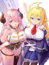  2girls ahoge asymmetrical_gloves bare_shoulders black_gloves black_pantyhose black_thighhighs blazblue blonde_hair blue_eyes bottomless braid breasts center_frills crossover demon_horns draph dying_(dying0414) elbow_gloves es_(xblaze) frills gloves granblue_fantasy hair_ornament hair_over_one_eye highres horns large_breasts light_purple_hair long_hair low_tied_hair multiple_girls narmaya_(granblue_fantasy) pantyhose photoshop_(medium) pointy_ears purple_hair sideboob single_braid single_thighhigh sleeveless thigh_strap thighhighs underbust uneven_gloves 