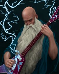  1boy artist_name bad_id bad_pixiv_id bald beard black_background blue_cloak cigarette cloak commentary_request electric_guitar facial_hair guitar heavy_metal holding holding_instrument instrument lips long_beard looking_at_viewer male_focus manly music no_pupils old old_man original playing_instrument realistic sevi solo upper_body very_long_beard white_eyes wide_sleeves wizard 