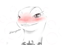  2018 abstract_background anthro blush crusch_lulu cursive cute_fangs dialogue digital_drawing_(artwork) digital_media_(artwork) english_text eyelashes female front_view headshot_portrait heart_symbol light lighting lizard lizardman lizardman_(overlord) long_neck looking_at_viewer markings mimizuku_729 neck_markings open_mouth open_smile overlord_(series) portrait pupils reptile round_head scalie signature simple_background slit_pupils smile smiling_at_viewer solo spot_color talking_to_viewer text tribal tribal_markings white_background 