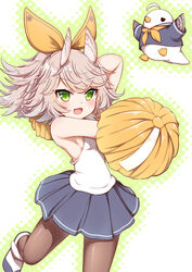  :d ahoge animal animal_ears arm_behind_head azur_lane bare_shoulders bird black_legwear black_skirt blush breasts cheerleader clothed_animal commentary_request cowboy_shot female green_eyes grey_hair hair_between_eyes hair_ribbon hestia_(neko_itachi) holding holding_pom_poms kitakaze_(azur_lane) looking_at_viewer open_mouth outline pantyhose pleated_skirt pom_pom_(cheerleading) ribbon shirt shoes short_hair sidelocks simple_background skirt sleeveless sleeveless_shirt small_breasts smile solo_focus standing standing_on_one_leg white_background white_footwear white_shirt yellow_shirt 