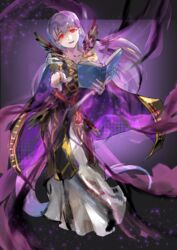  absurdres aura belt black_dress black_feathers book cape casting_spell commission commissioner_upload dark_aura dark_persona dress evil_smile feathers female fire_emblem fire_emblem:_the_binding_blade fire_emblem_heroes full_body highres holding holding_book ikuyoan long_dress long_hair magic open_mouth purple_hair red_eyes serious skeb_commission smile solo sophia_(fire_emblem) sophia_(resplendent)_(fire_emblem) very_long_hair 