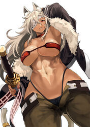  abs animal_ears arm_behind_head arm_up armpits bandeau bare_shoulders belt black_jacket black_panties breasts cat_ears cat_girl cat_tail choker cleavage collarbone crossed_bangs dark-skinned_female dark_skin eyepatch female fur-trimmed_jacket fur_trim ghislaine_dedoldia green_pants grey_hair hair_between_eyes highleg highleg_panties holding holding_sword holding_weapon jacket large_breasts long_hair looking_at_viewer mushoku_tensei nail_polish navel obliques off_shoulder one-eyed open_belt open_pants panties pants parted_lips red_bandeau red_choker red_eyes scar scar_on_cheek scar_on_face scar_on_stomach sheath sheathed solo stomach sword tail tail_ornament tail_ring tonbo toned underboob underwear weapon 