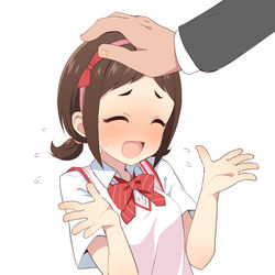  :d ^_^ bad_id bad_twitter_id blush bow bow_hairband bowtie breasts brown_hair closed_eyes collared_shirt commentary female flying_sweatdrops furrowed_brow hairband hairbow hand_on_another&#039;s_head hands_up headpat idolmaster idolmaster_cinderella_girls idolmaster_cinderella_girls_starlight_stage low_twintails muramatsu_sakura open_mouth parted_bangs red_bow red_bowtie school_uniform shirt short_hair short_ponytail simple_background small_breasts smile solo_focus striped_bow striped_bowtie striped_clothes sweater_vest twintails uccow upper_body white_background 