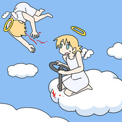  2girls absurdres angel angel_wings barefoot bleeding blonde_hair blood blood_splatter blue_eyes blue_sky car_crash cloud detached_wings dress driving ennui_orz halo highres looking_at_another midair mini_wings multiple_girls on_cloud open_mouth original short_hair sitting sky sleeveless sleeveless_dress steering_wheel sweatdrop unconventional_vehicle white_dress wings 