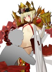  1boy absurdres ahoge bikini blonde_hair blush braid breasts chalice criss-cross_halter crown cup dragon_claw dragon_tail elbow_gloves facial_mark fate/grand_order fate_(series) female french_braid gloves gold_crown hair_bun hair_intakes hair_ribbon halterneck highres jikatarou kissing_stomach long_hair nero_claudius_(fate) open_clothes pointed_crown pointy_ears queen_draco_(fate) queen_draco_(second_ascension)_(fate) red_bikini red_eyes red_ribbon ribbon robe scales small_breasts swimsuit tail thighs white_gloves white_robe 