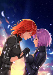  2girls armor armored_leotard black_armor black_gloves black_jacket blue_sky blush breasts closed_eyes command_spell commentary fate/grand_order fate_(series) forehead-to-forehead fujimaru_ritsuka_(female) fujimaru_ritsuka_(female)_(polar_chaldea_uniform) gloves gradient_sky heads_together highres holding_hands interlocked_fingers jacket large_breasts light_purple_hair mash_kyrielight mash_kyrielight_(ortenaus) multiple_girls open_mouth orange_hair orange_sky short_hair sky smile star_(sky) starry_sky sunset tearing_up tila_276 twilight yuri 