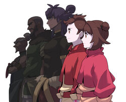  4boys alternate_costume avatar_legends brown_eyes brown_hair closed_mouth commentary_request covered_abs crossed_arms dark-skinned_male dark_skin expressionless facial_hair female from_side gloria_(pokemon) hair_tie highres korean_commentary leon_(pokemon) long_eyebrows multiple_boys mustard_(pokemon) pectorals peony_(pokemon) pokemon pokemon_swsh purple_hair redlhzz short_hair short_sleeves tied_hair toned toned_male very_short_hair victor_(pokemon) white_background yellow_eyes 