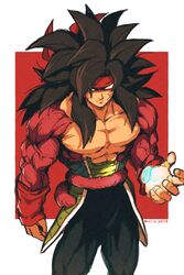  1boy absurdres armor bandana bardock bare_pectorals biceps body_fur broken_armor closed_mouth cross_scar dragon_ball dragon_ball_heroes highres looking_at_viewer male_focus monkey_boy monkey_tail muscular muscular_male no_nipples pectorals protected_link red_bandana red_fur relio_db318 saiyan_armor scar scar_on_cheek scar_on_face solo standing super_saiyan super_saiyan_4 tail twitter_username veins veiny_arms yellow_eyes 