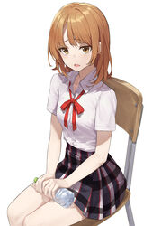  absurdres bangs blush bottle breasts brown_eyes brown_hair chair collarbone collared_shirt commentary_request eyebrows_visible_through_hair female highres holding isshiki_iroha looking_at_viewer medium_breasts medium_hair neck_ribbon open_mouth pleated_skirt red_ribbon ribbon school_uniform shirt short_sleeves simple_background sitting skirt smile solo star741 water_bottle white_background white_shirt yahari_ore_no_seishun_lovecome_wa_machigatteiru. 