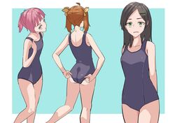  adjusting_clothes adjusting_swimsuit ahoge ass black_hair blue_eyes breasts brown_hair cowboy_shot from_behind green_eyes hair_ornament hairclip itou_ebiko kagerou_(kancolle) kantai_collection kuroshio_(kancolle) long_hair new_school_swimsuit one-piece_swimsuit pink_hair ponytail ribbon school_swimsuit shiranui_(kancolle) short_hair small_breasts standing swimsuit twintails yellow_ribbon 