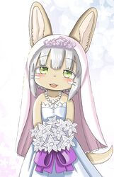  1other dress flower furry green_eyes grey_hair highres made_in_abyss nanachi_(made_in_abyss) open_mouth pita9412 solo tiara veil wedding wedding_dress whiskers 